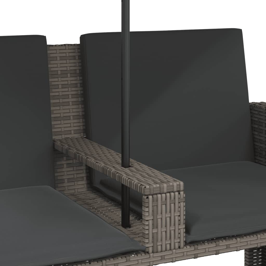 Tuinbank 2-zits met parasol en voetenbanken poly rattan grijs