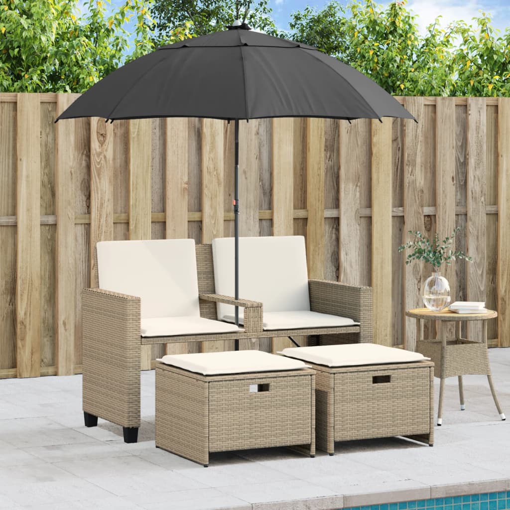 Tuinbank 2-zits met parasol en voetenbanken poly rattan beige