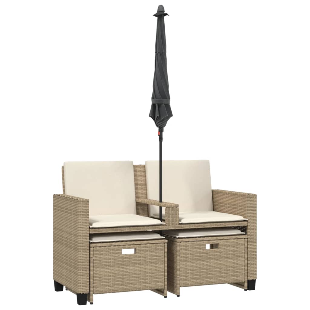 Tuinbank 2-zits met parasol en voetenbanken poly rattan beige