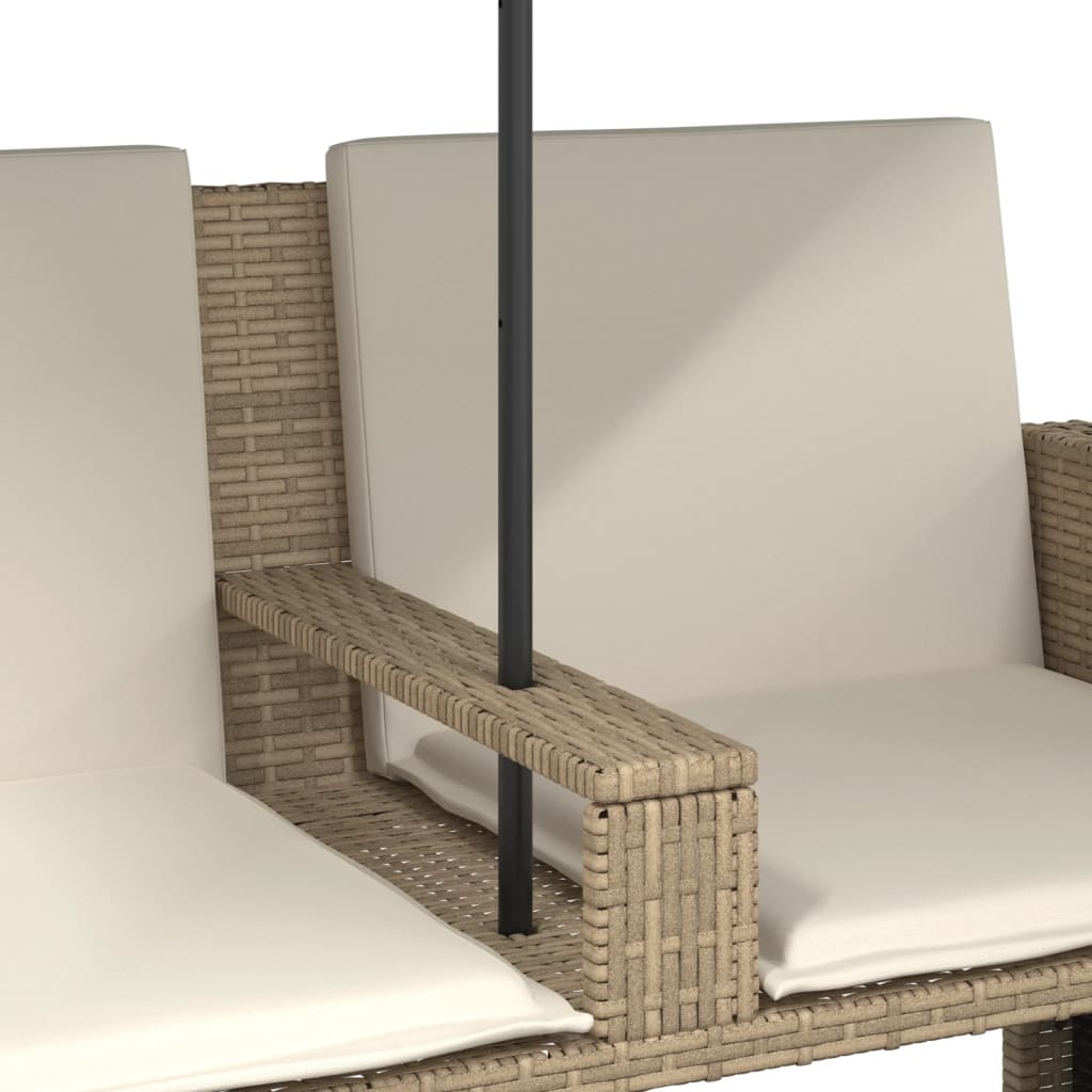 Tuinbank 2-zits met parasol en voetenbanken poly rattan beige