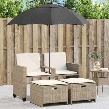Tuinbank 2-zits met parasol en voetenbanken poly rattan beige
