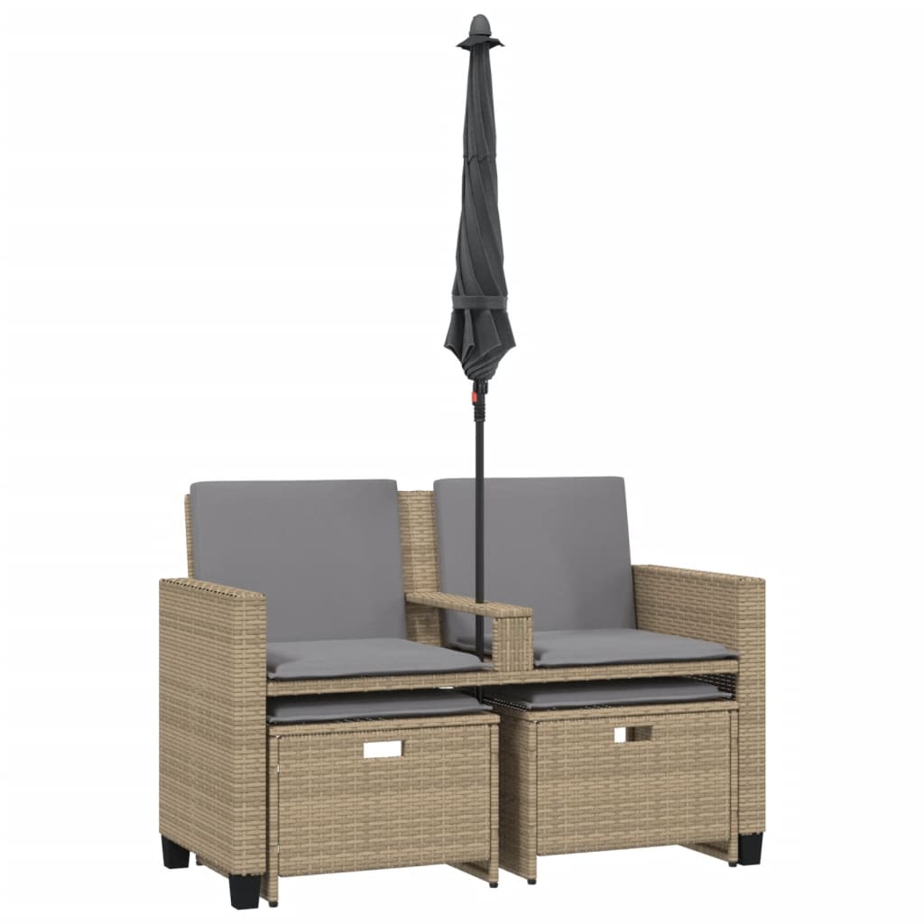 Tuinbank 2-zits met parasol en voetenbanken poly rattan beige