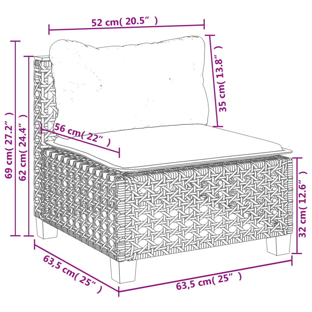 Tuinbank zonder armleuning met kussens poly rattan beige