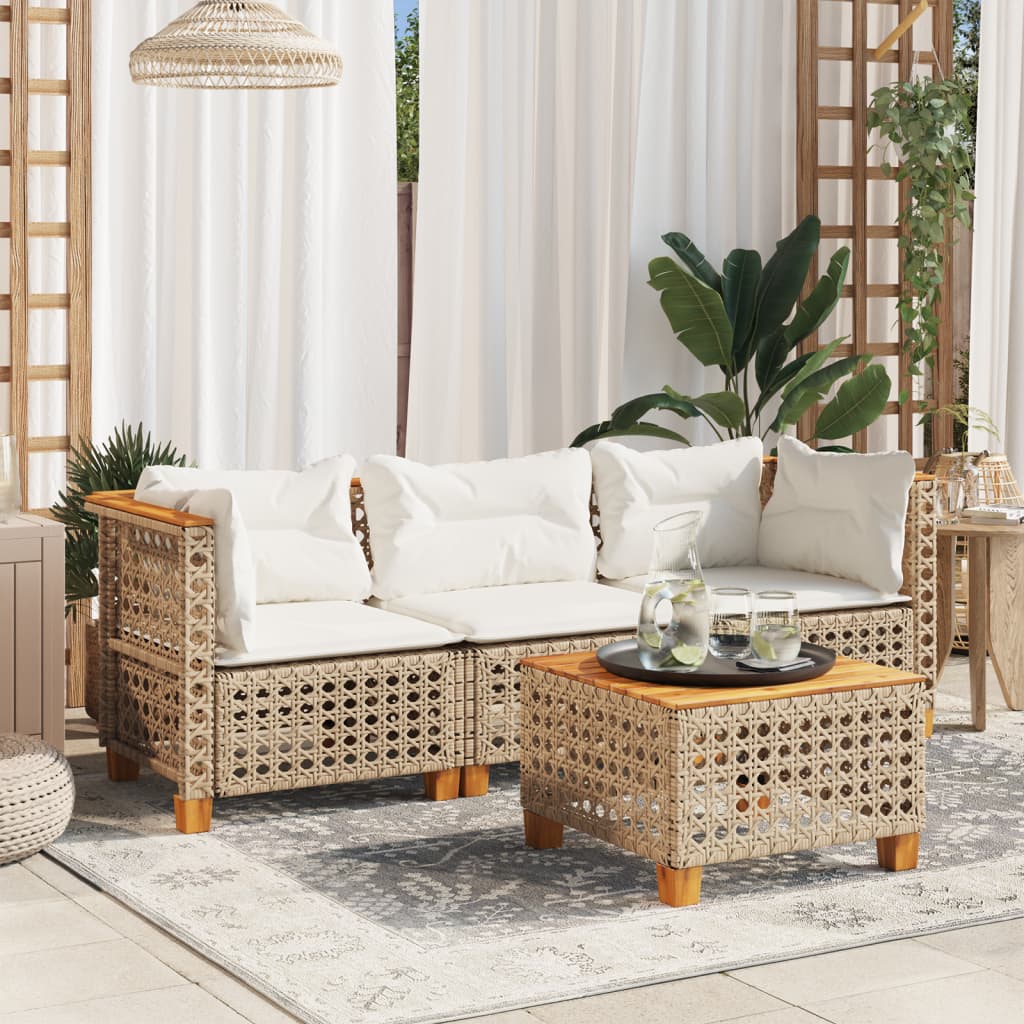 Tuinbank 3-zits met kussens poly rattan beige