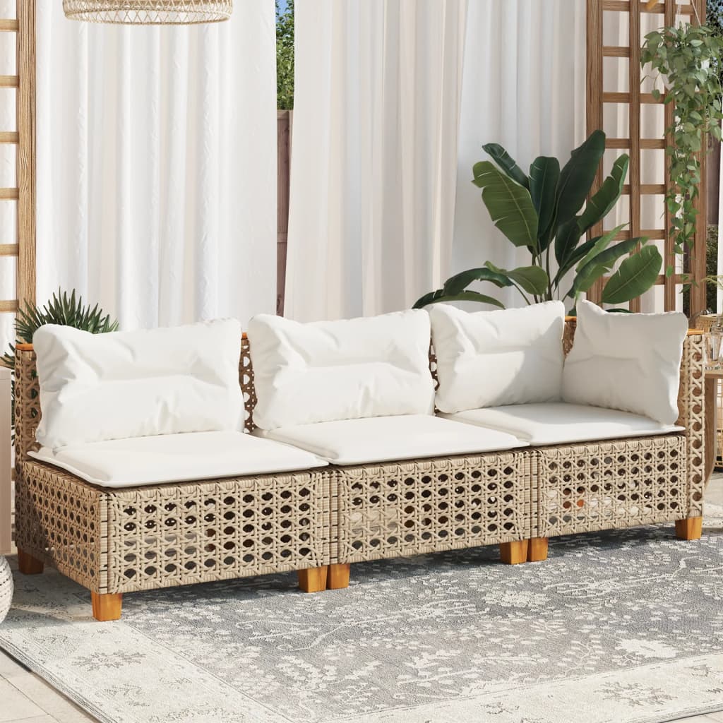 Tuinbank 3-zits met kussens poly rattan beige
