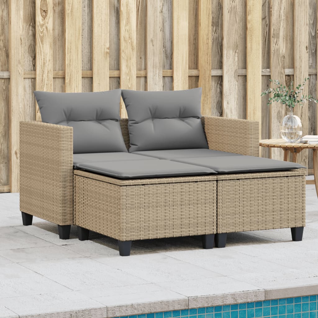 Tuinbank 2-zits met voetenbanken poly rattan beige
