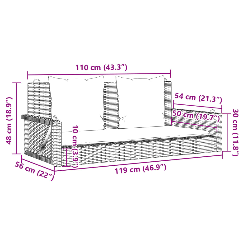 Schommelbank met kussens zwart 119x56x48 cm poly rattan