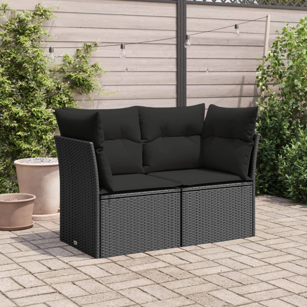 Tuinbank met kussens 2-zits zwart poly rattan