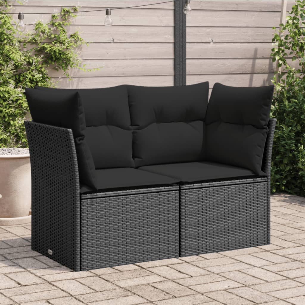 Tuinbank met kussens 2-zits zwart poly rattan