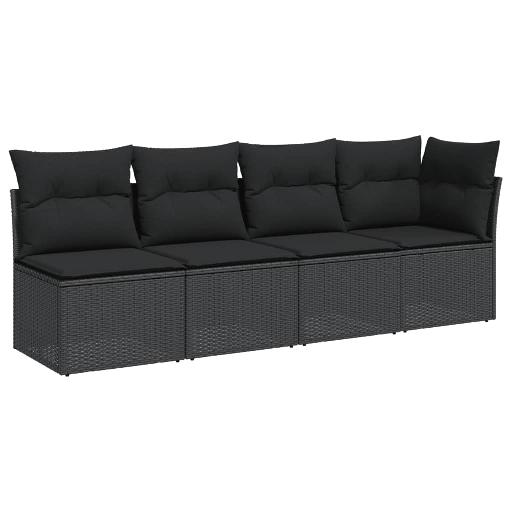 Tuinbank met kussens 4-zits zwart poly rattan