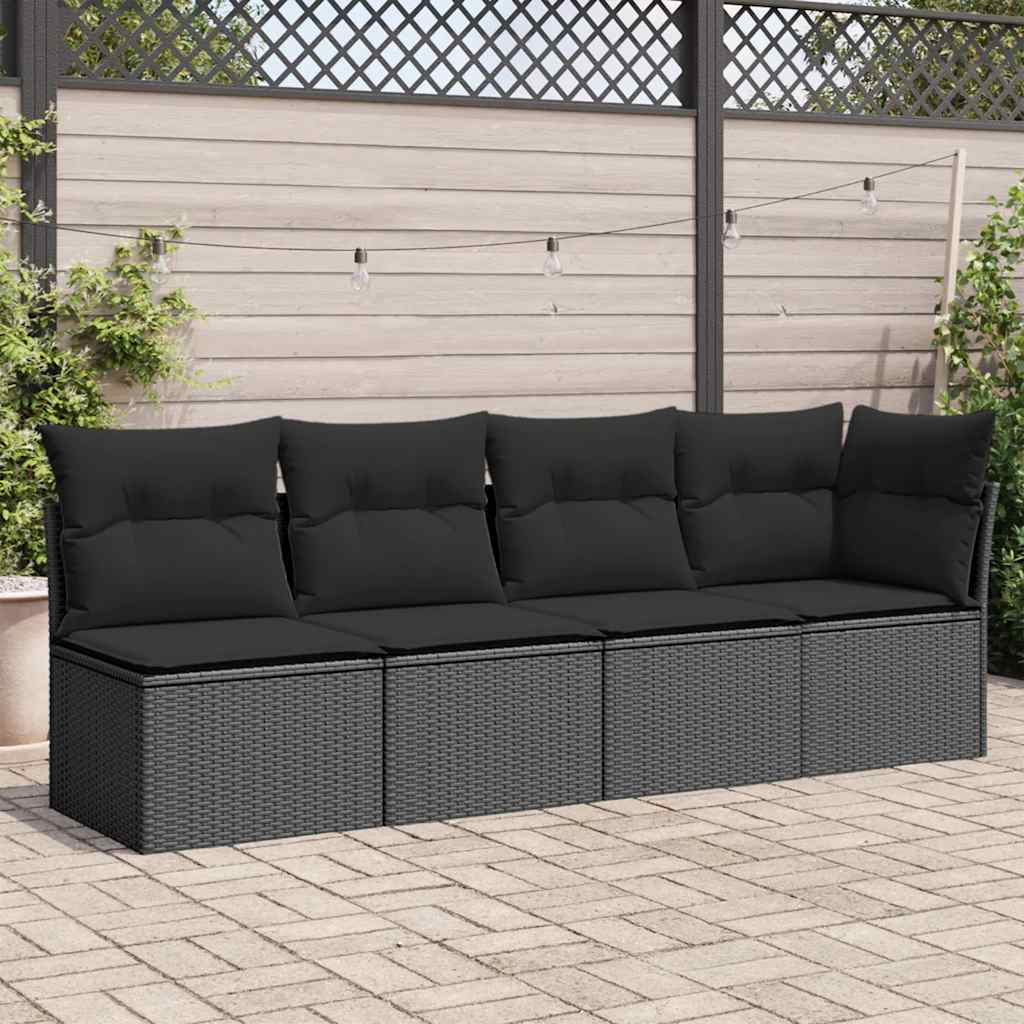 Tuinbank met kussens 4-zits zwart poly rattan