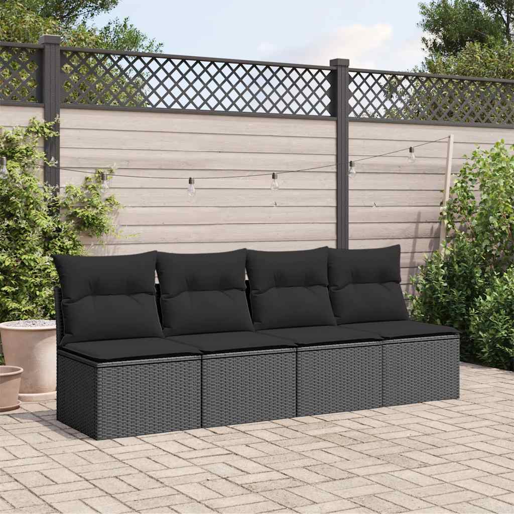 Tuinbank met kussens 4-zits zwart poly rattan