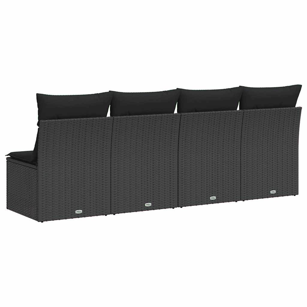Tuinbank met kussens 4-zits zwart poly rattan
