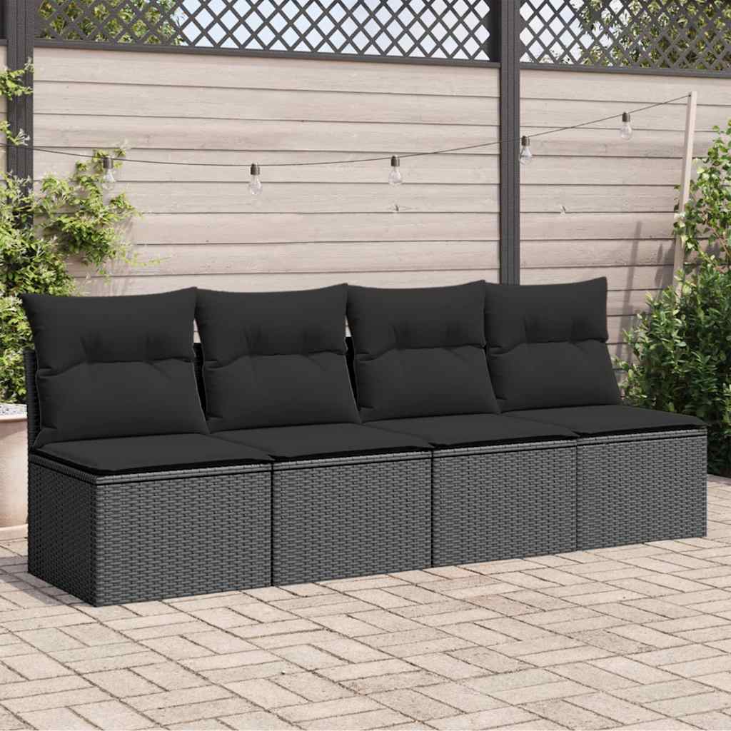 Tuinbank met kussens 4-zits zwart poly rattan