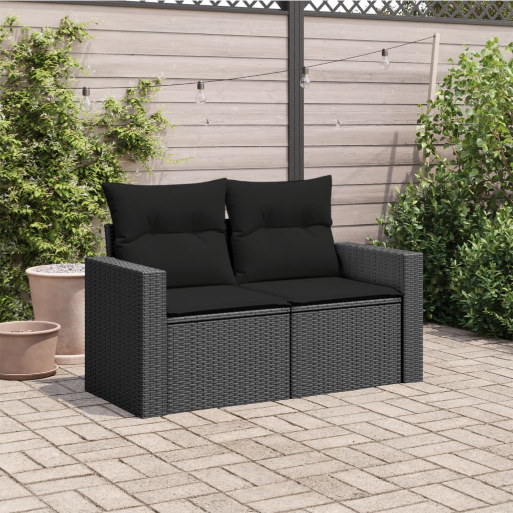 Tuinbank met kussens 2-zits zwart poly rattan