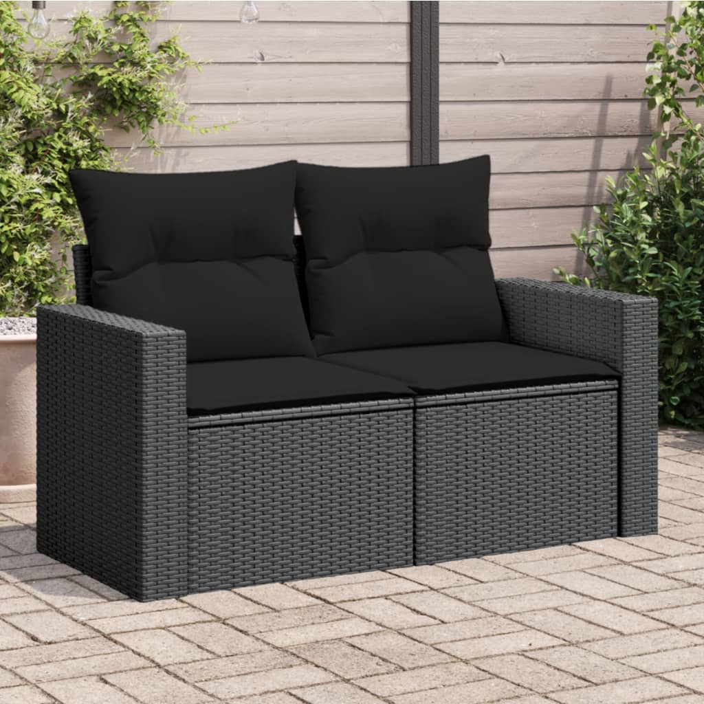 Tuinbank met kussens 2-zits zwart poly rattan