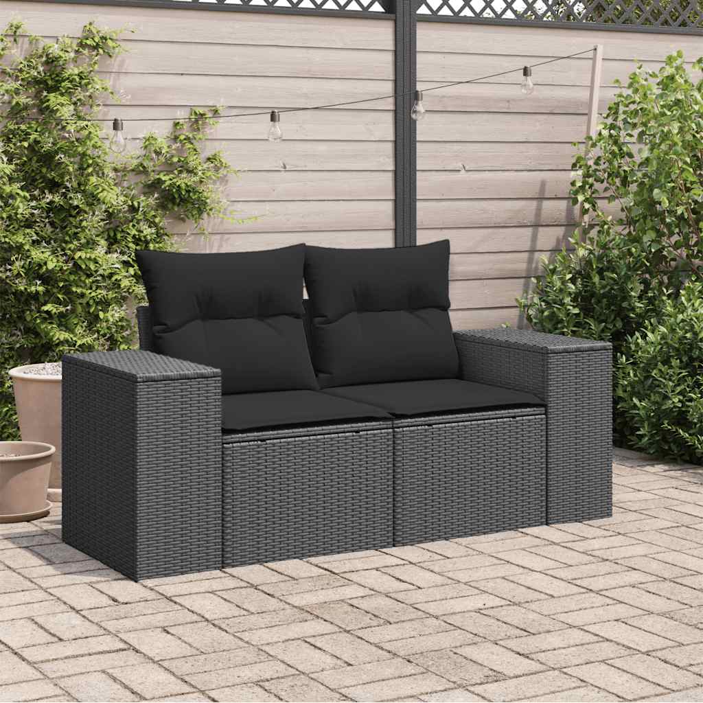 Tuinbank met kussens 2-zits zwart poly rattan