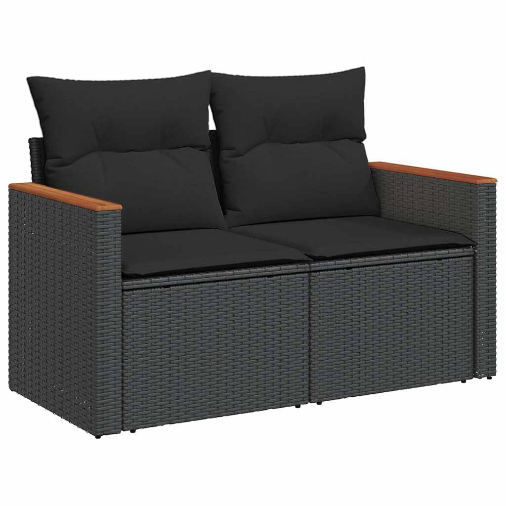 Tuinbank met kussens 2-zits zwart poly rattan