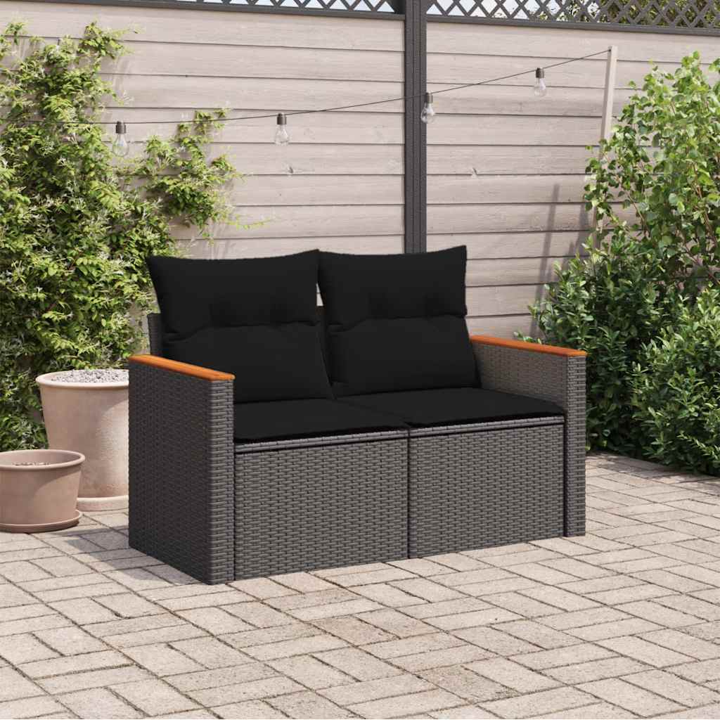 Tuinbank met kussens 2-zits zwart poly rattan