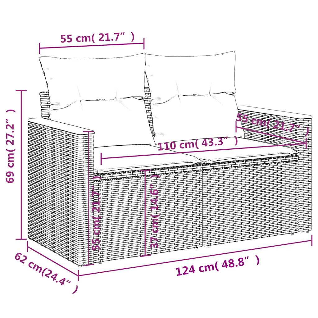 Tuinbank met kussens 2-zits zwart poly rattan