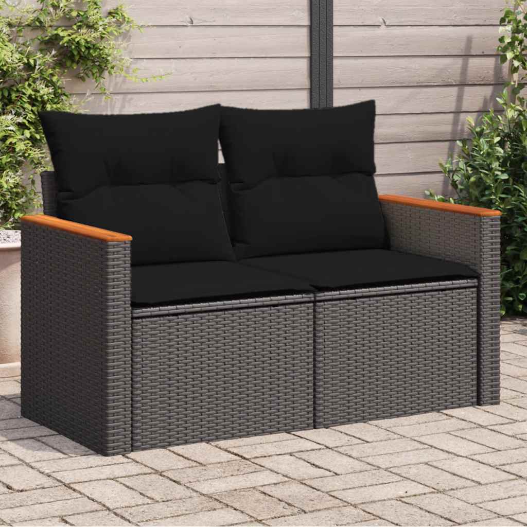 Tuinbank met kussens 2-zits zwart poly rattan