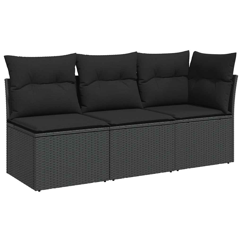 Tuinbank met kussens 3-zits zwart poly rattan