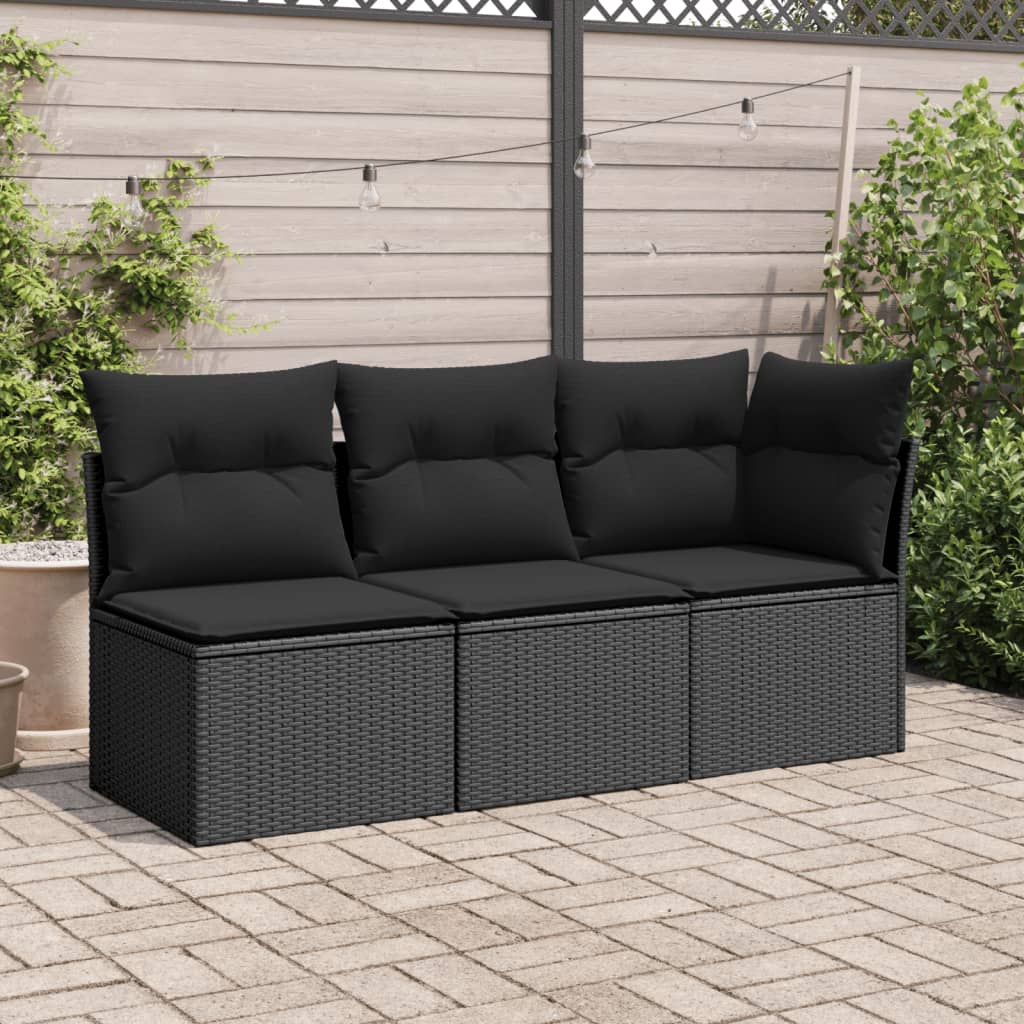 Tuinbank met kussens 3-zits zwart poly rattan