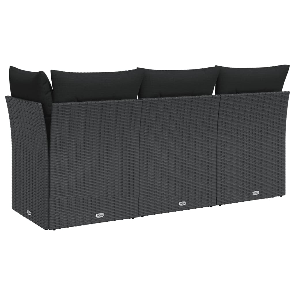 Tuinbank met kussens 3-zits zwart poly rattan