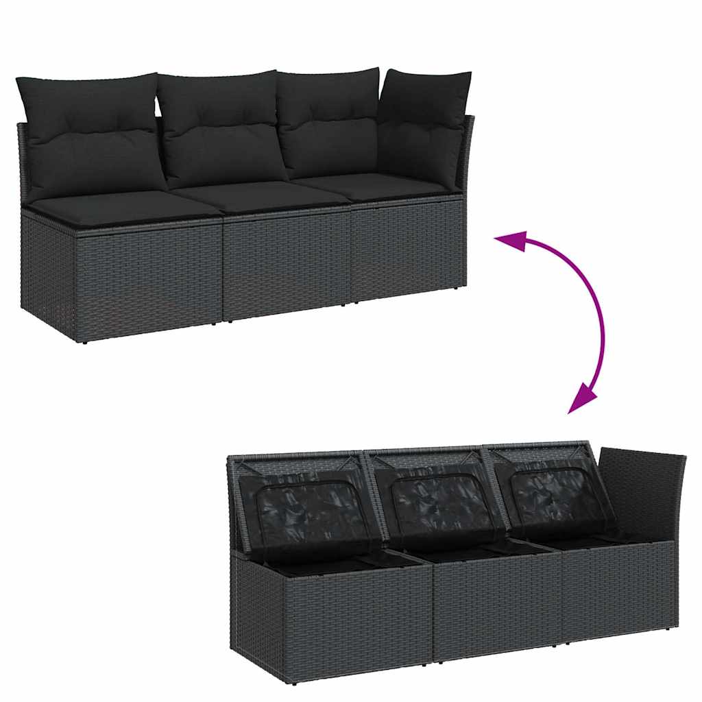Tuinbank met kussens 3-zits zwart poly rattan