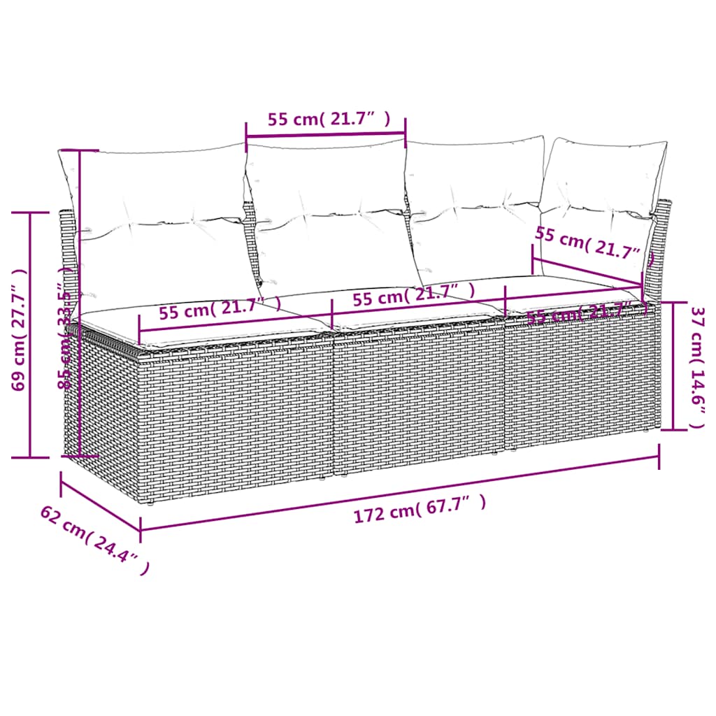 Tuinbank met kussens 3-zits zwart poly rattan