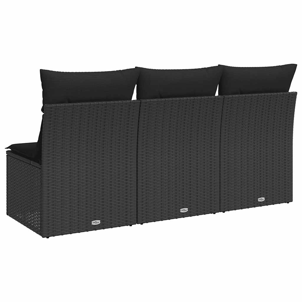 Tuinbank met kussens 3-zits zwart poly rattan