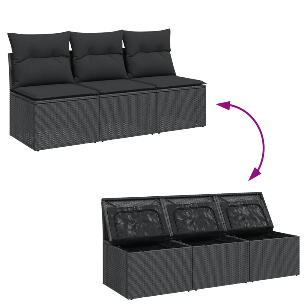 Tuinbank met kussens 3-zits zwart poly rattan