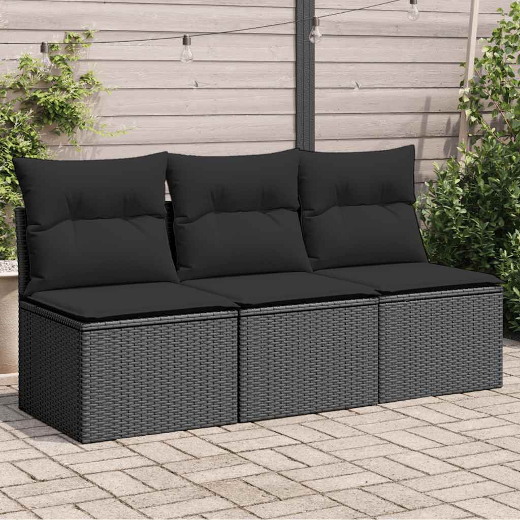 Tuinbank met kussens 3-zits zwart poly rattan