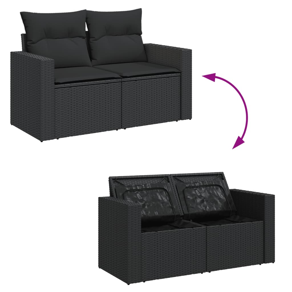 Tuinbank met kussens 2-zits zwart poly rattan