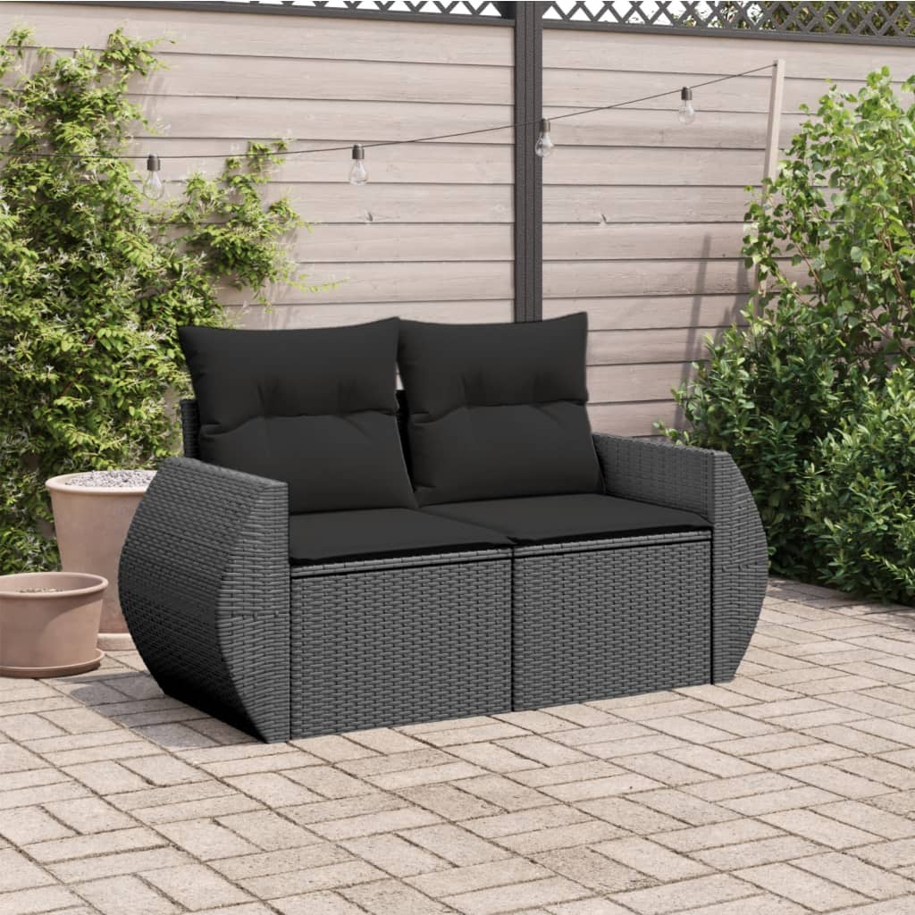 Tuinbank met kussens 2-zits zwart poly rattan