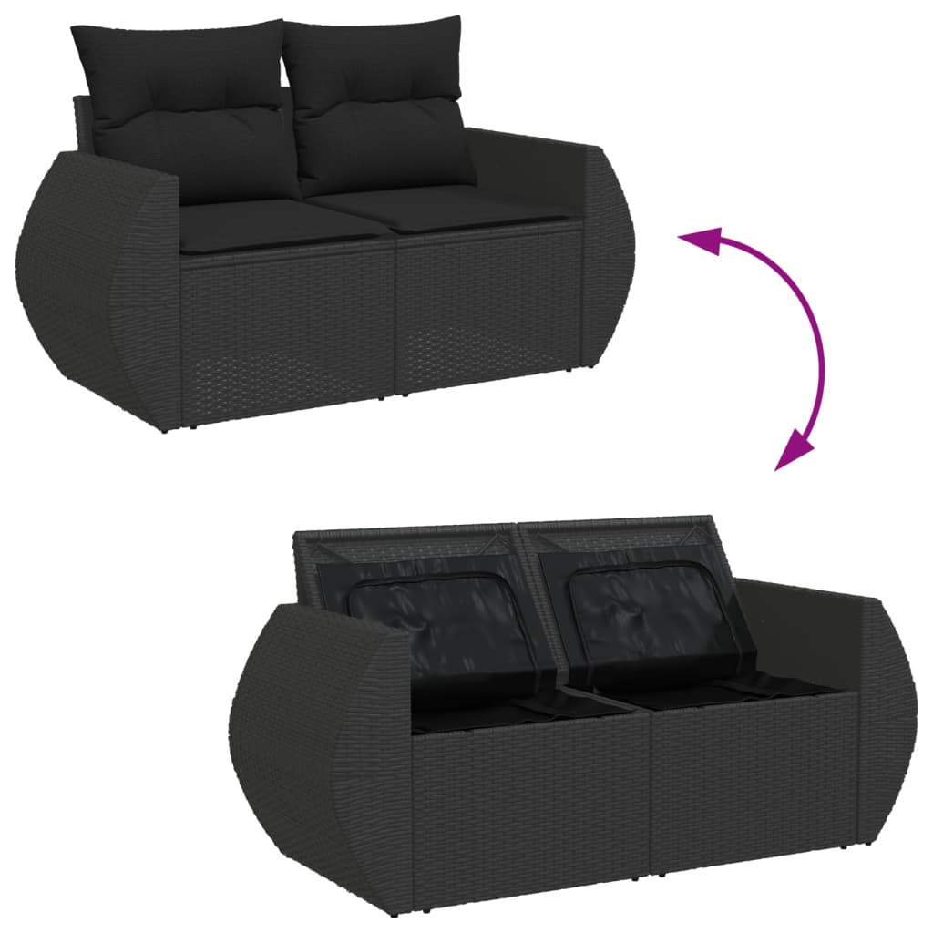 Tuinbank met kussens 2-zits zwart poly rattan