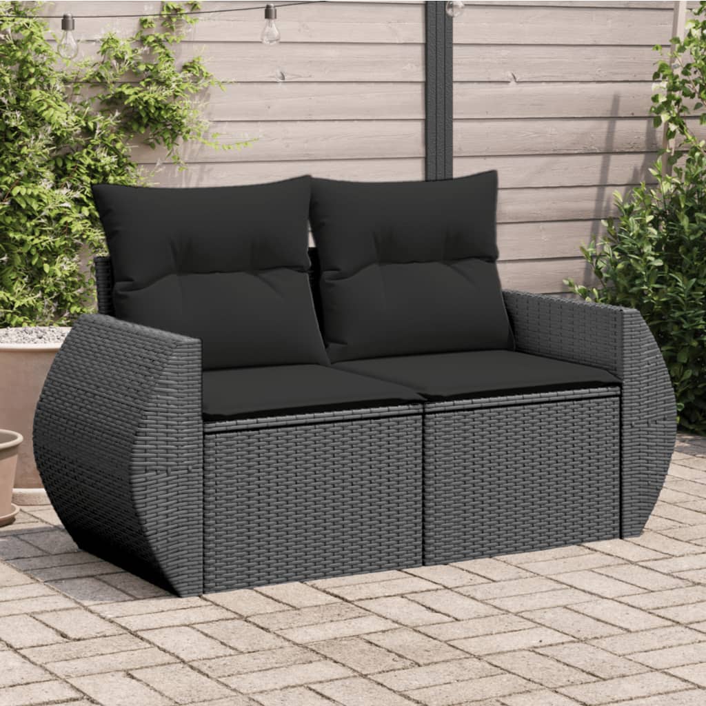 Tuinbank met kussens 2-zits zwart poly rattan