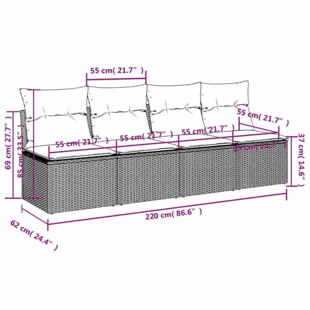 Tuinbank 4-zits met kussens poly rattan zwart