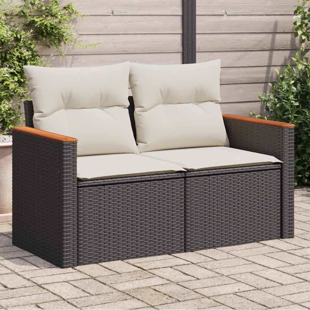 Tuinbank 2-zits met kussens poly rattan zwart