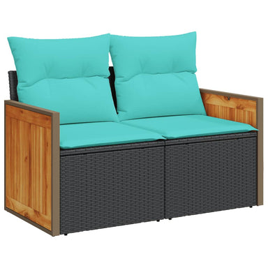 Tuinbank met kussens 2-zits poly rattan zwart