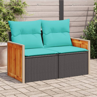 Tuinbank met kussens 2-zits poly rattan zwart