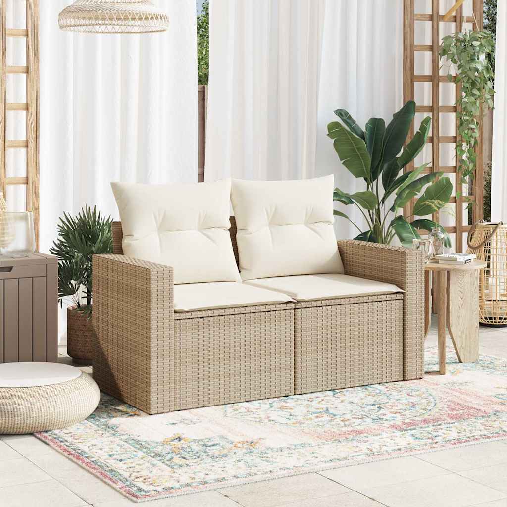 Tuinbank 2-zits met kussens poly rattan beige