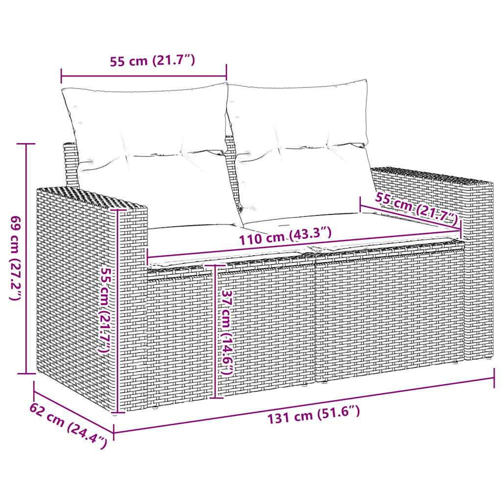 Tuinbank 2-zits met kussens poly rattan beige