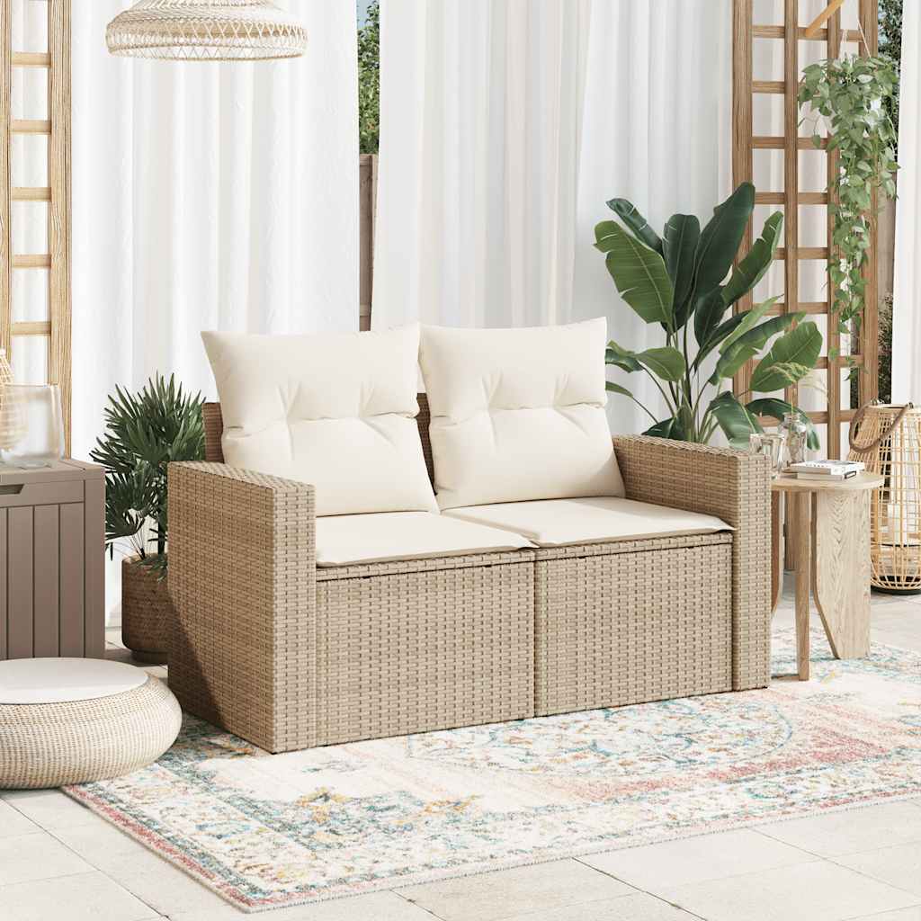 Tuinbank 2-zits met kussens poly rattan beige