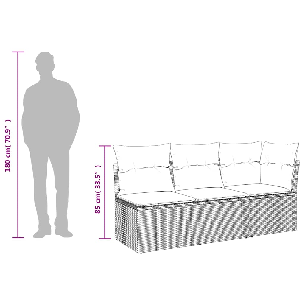 Tuinbank 3-zits met kussens poly rattan grijs