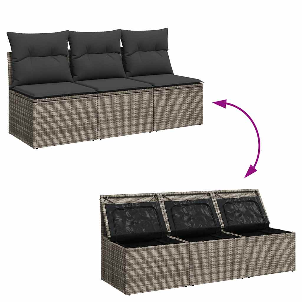 Tuinbank 3-zits met kussens poly rattan grijs