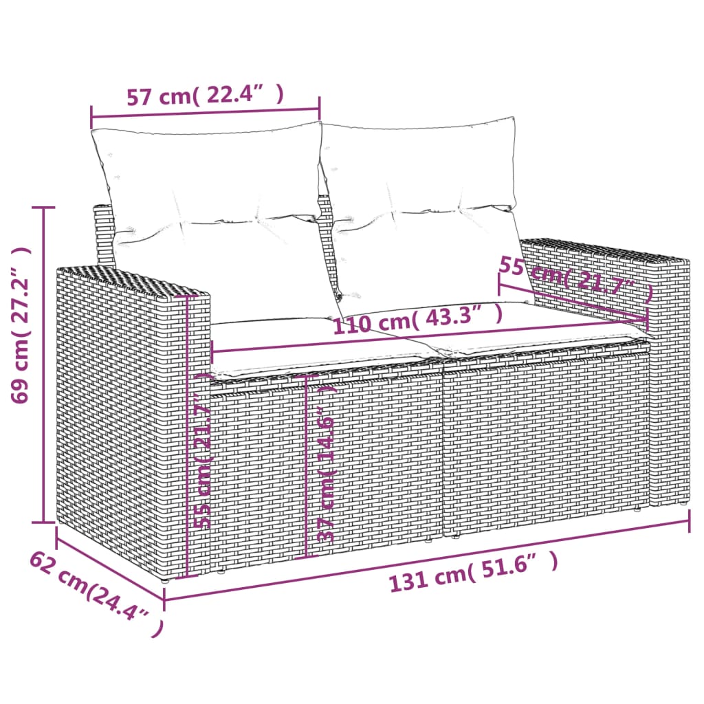 Tuinbank 2-zits met kussens poly rattan grijs