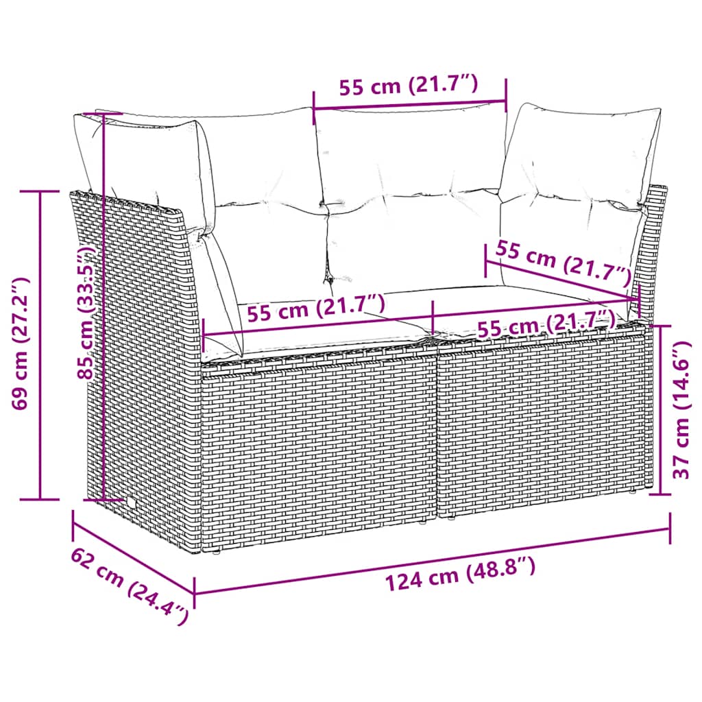 Tuinbank 2-zits met kussens poly rattan lichtgrijs