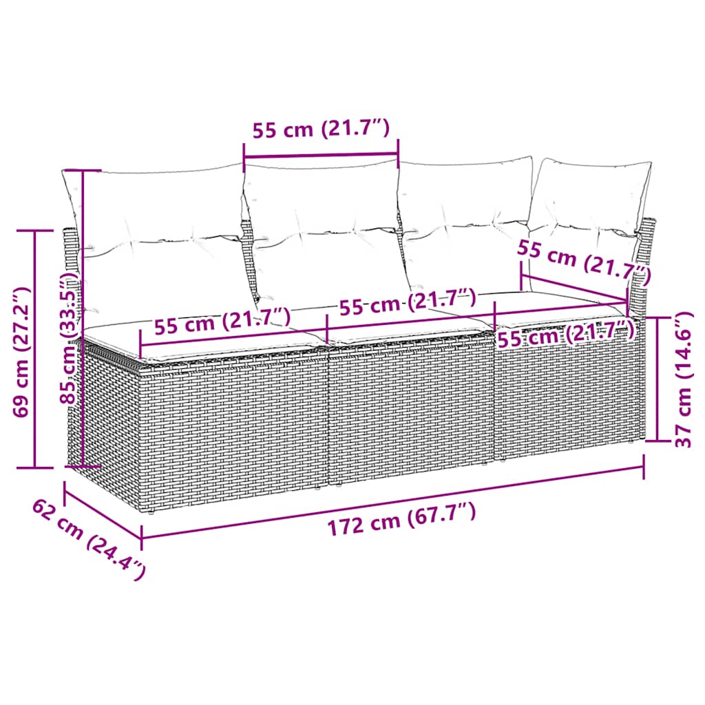 Tuinbank 3-zits met kussens poly rattan lichtgrijs