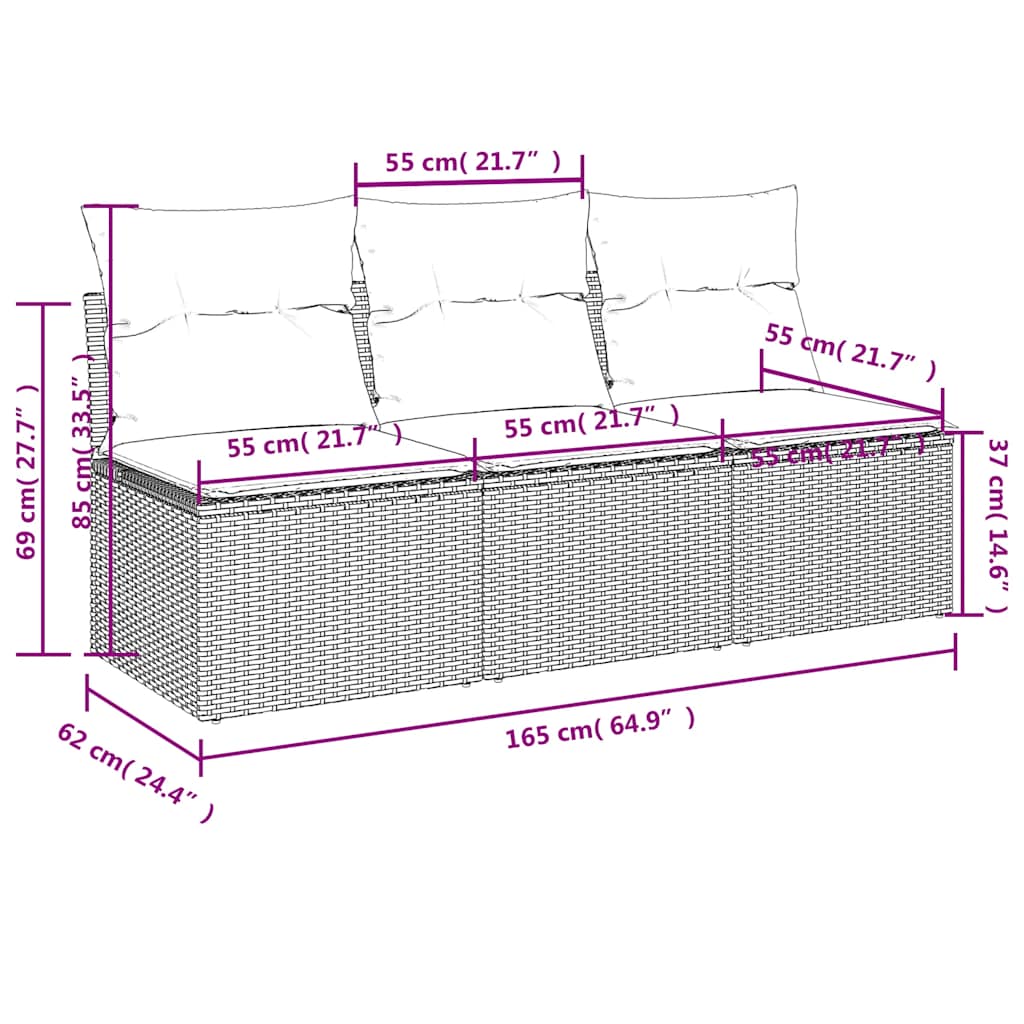 Tuinbank 3-zits met kussens poly rattan bruin